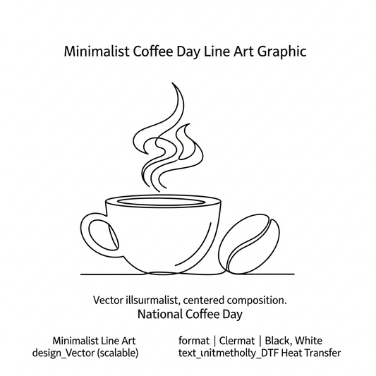 Minimalist line art National Coffee Day DTF heat transfer graphic featuring a clean vector-style coffee illustration with high contrast outlines, ready to press on t-shirts and apparel