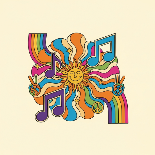 Groovy 70s retro music festival DTF heat transfer graphic with bold vector-style illustration and high contrast colors, ready to press on t-shirts hoodies and apparel