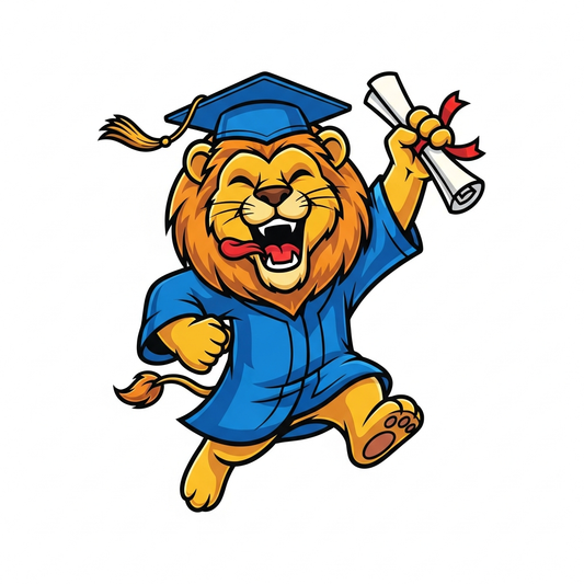 Ready to press college graduation DTF transfer featuring a cartoon mascot style illustration with bold colors, clean outlines, and vector-style artwork — suitable for t-shirts, hoodies, and custom apparel heat press printing