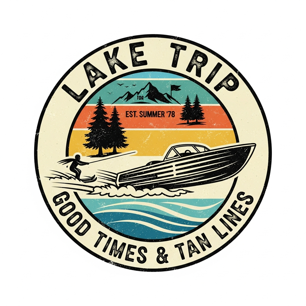 Vintage retro distressed lake trip DTF heat transfer graphic, ready to press, featuring high contrast vector illustration suitable for t-shirts ho make sure this is valid json. Return exactly this shape: