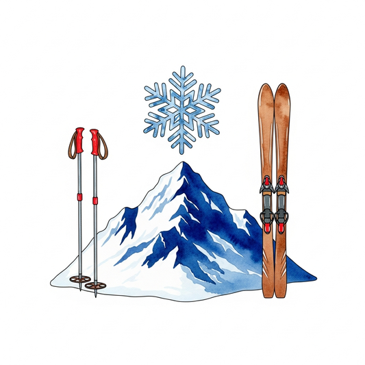 Ready to press ski trip watercolor illustration DTF heat transfer graphic featuring vibrant high contrast colors and clean outlines, suitable for t-shirts hoodies and apparel