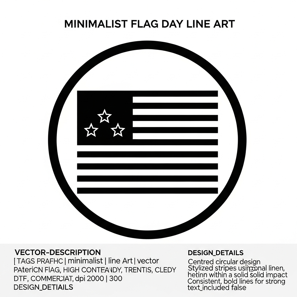 Flag Day minimalist line art DTF heat transfer graphic, ready to press, featuring high contrast vector-style patriotic design with clean outlines, suitable for t-shirts, hoodies, and apparel