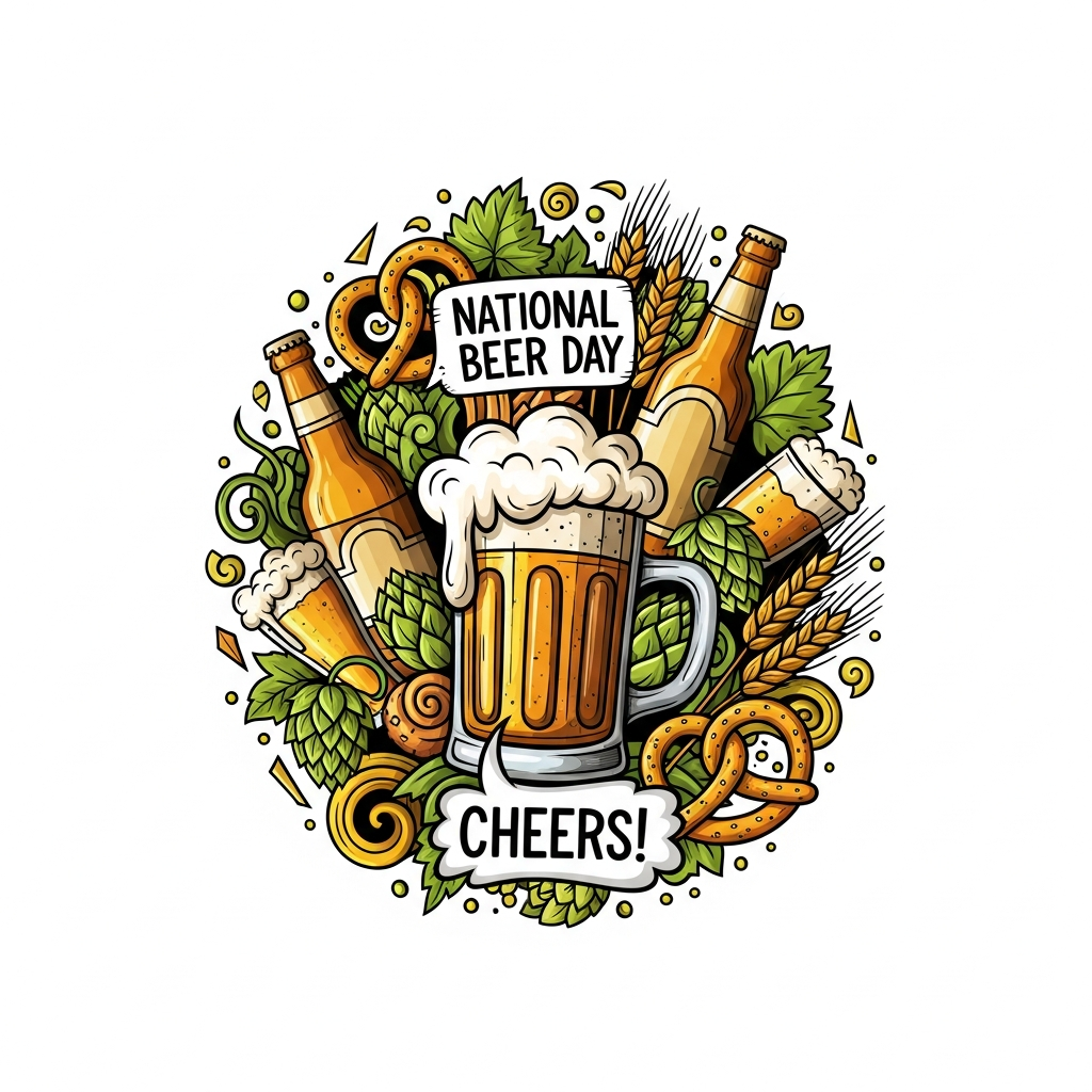 National Beer Day hand drawn doodle style DTF heat transfer graphic featuring a bold beer illustration with clean outlines and high contrast colors, ready to press on t-shirts and apparel