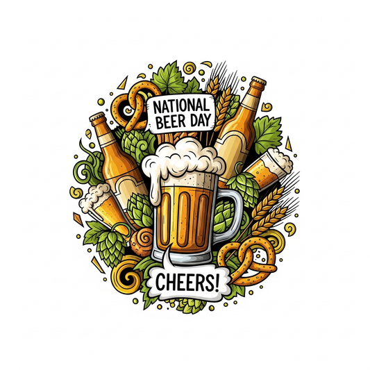 National Beer Day hand drawn doodle style DTF heat transfer graphic featuring a bold beer illustration with clean outlines and high contrast colors, ready to press on t-shirts and apparel