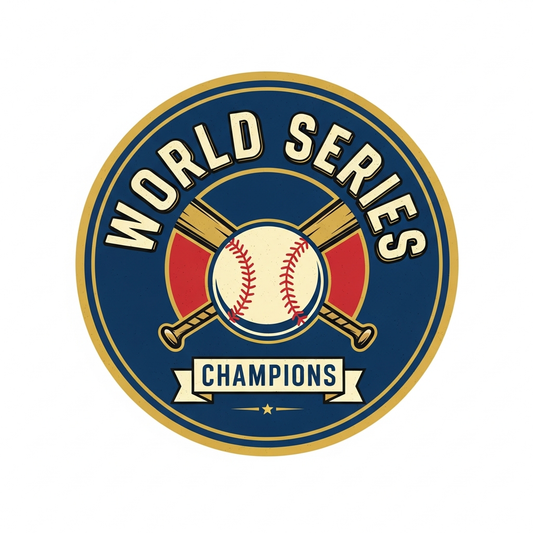 World Series retro badge logo DTF heat transfer design featuring a vintage-style centered badge graphic with high contrast colors and clean vector outlines, ready to press on t-shirts hoodies and apparel