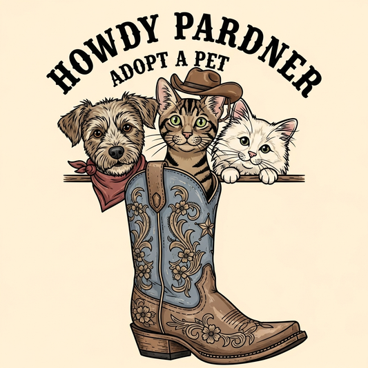 Pet Adoption Day western cowboy vintage ready to press DTF heat transfer graphic with high contrast vector illustration, centered design suitable for t-shirts hoodies and tote bags