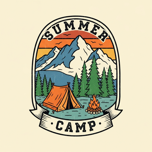 Vintage retro distressed summer camp DTF heat transfer graphic, ready to press vector illustration with high contrast colors and centered composition, suitable for t-shirts hoodies and tote bags