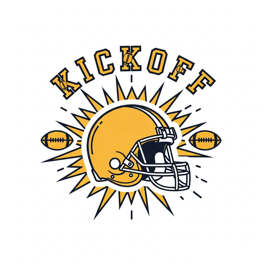 College Football Kickoff ready to press DTF heat transfer graphic in outline illustration style, high contrast football design for t-shirts, hoodies, and custom apparel
