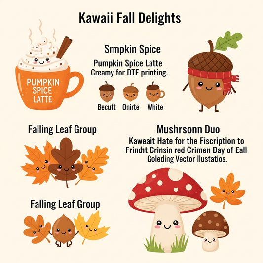 Playful kawaii First Day of Fall ready-to-press DTF heat transfer graphic with cute vector illustration, high-contrast colors, and clean outlines – suitable for t-shirts, hoodies, and tote bags