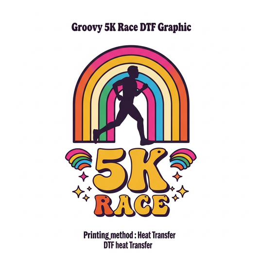 Groovy 70s retro style 5K race DTF heat transfer graphic with bold retro typography and high-contrast vintage colors, ready to press on t-shirts and apparel