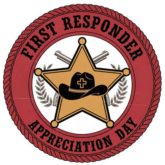 First Responder Appreciation Day western cowboy vintage DTF heat transfer graphic, ready to press, vector style illustration with high contrast colors, suitable for t-shirts hoodies and tote bags