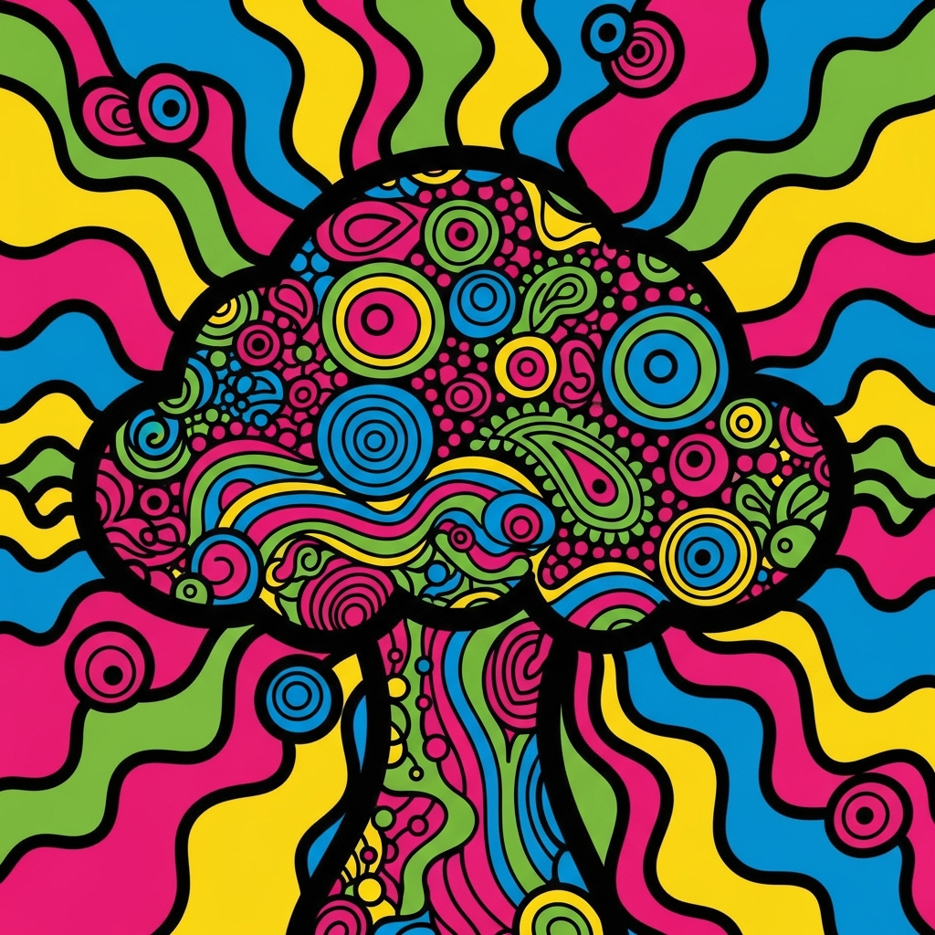 Psychedelic 60s style company retreat DTF heat transfer graphic with bold swirling retro illustration in high-contrast colors, centered vector design ready to press on t-shirts and hoodies