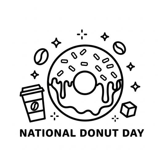 National Donut Day ready-to-press DTF heat transfer featuring a bold outline illustration of a donut with clean vector lines and high contrast colors, designed for t-shirts, hoodies, and apparel