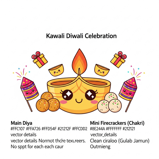 Playful kawaii Diwali DTF heat transfer design featuring cute illustrated diyas lanterns and sparkles in vibrant high-contrast colors ready to press on t-shirts hoodies and tote bags