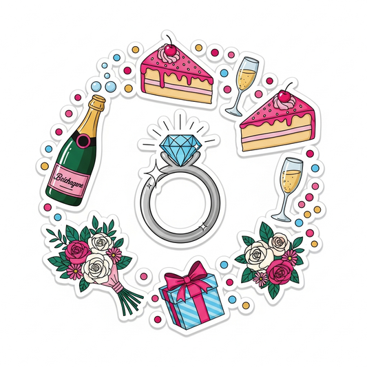 Bridal shower sticker style ready to press DTF heat transfer graphic with bold outlines and high contrast colors, suitable for t-shirts, hoodies, and tote bags
