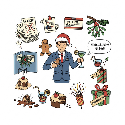 Hand drawn doodle style Corporate Holiday Party ready to press DTF heat transfer graphic with high contrast colors and festive design, suitable for t-shirts hoodies and tote bags