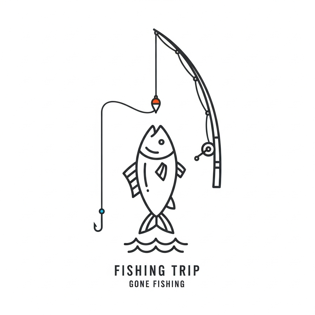 Minimalist line art fishing trip DTF heat transfer graphic, ready to press design featuring clean vector outlines and high contrast colors, suitable for t-shirts hoodies and apparel