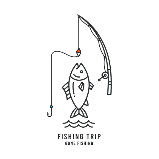 Minimalist line art fishing trip DTF heat transfer graphic, ready to press design featuring clean vector outlines and high contrast colors, suitable for t-shirts hoodies and apparel