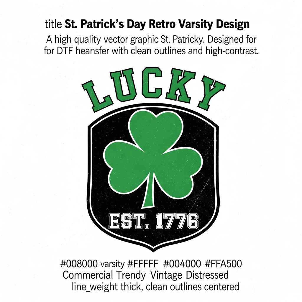 St. Patrick's Day retro varsity style DTF heat transfer graphic with bold high-contrast design, ready to press on t-shirts and hoodies