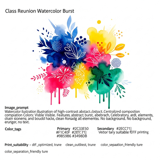 Ready to press DTF heat transfer featuring a watercolor illustration design for class reunion themed t-shirts and apparel, with vibrant high-contrast colors and clean artistic outlines suitable for heat press application