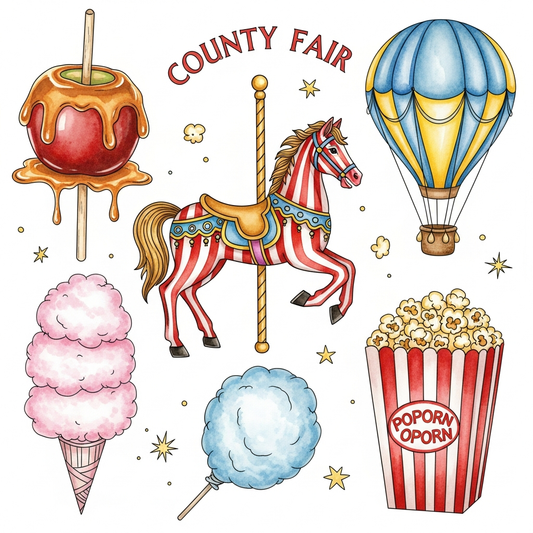County fair watercolor illustration DTF heat transfer graphic featuring vibrant high-contrast artwork with clean outlines, ready to press on t-shirts, hoodies, and apparel for small businesses and custom clothing brands