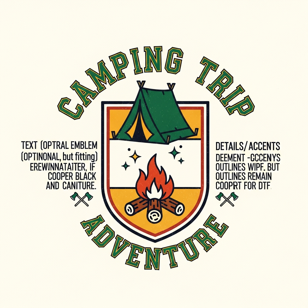 Retro varsity style camping trip DTF heat transfer graphic with high contrast colors and clean vector illustration, ready to press on t-shirts and hoodies