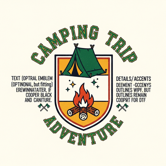 Retro varsity style camping trip DTF heat transfer graphic with high contrast colors and clean vector illustration, ready to press on t-shirts and hoodies