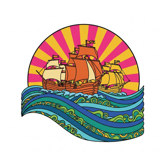 Columbus Day groovy 70s retro ready to press DTF heat transfer graphic with bold high-contrast colors and vector-style illustration, suitable for t-shirts hoodies and tote bags