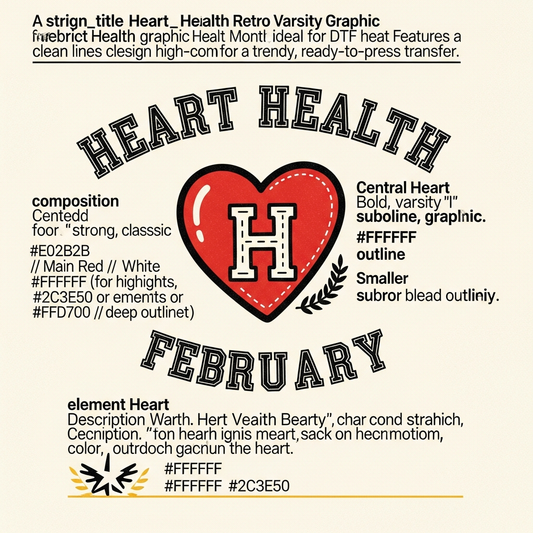 Retro varsity style Heart Health Month DTF heat transfer graphic with bold colors and clean outlines, ready to press onto t-shirts and apparel