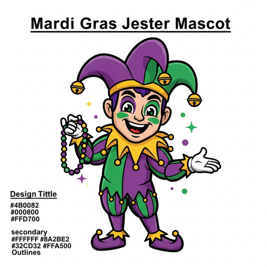 Mardi Gras cartoon mascot ready to press DTF heat transfer graphic with bold colors and vector-style illustration, centered composition suitable for t-shirts and hoodies