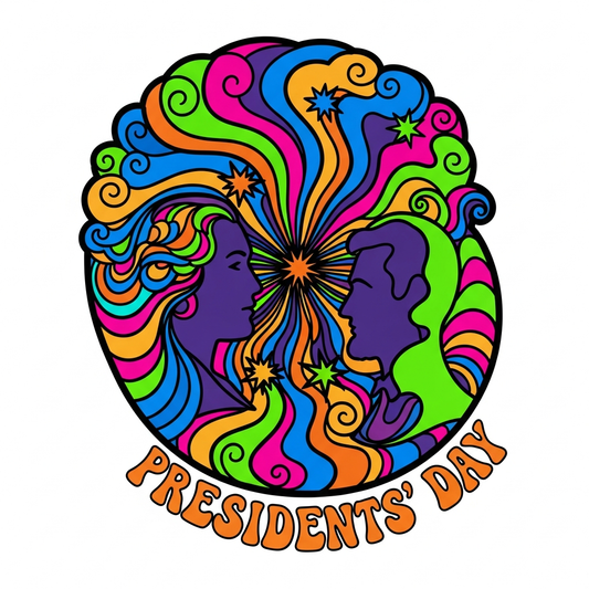 Psychedelic 60s style Presidents' Day ready to press DTF heat transfer graphic featuring bold retro swirling patterns and high contrast colors, suitable for t-shirts hoodies and tote bags