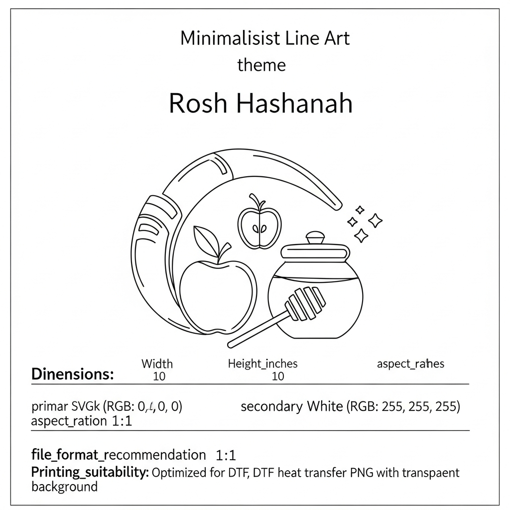 Minimalist line art Rosh Hashanah ready to press DTF heat transfer graphic with clean vector-style illustration and high contrast design, suitable for t-shirts, hoodies, and tote bags