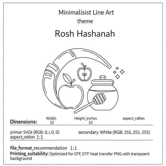 Minimalist line art Rosh Hashanah ready to press DTF heat transfer graphic with clean vector-style illustration and high contrast design, suitable for t-shirts, hoodies, and tote bags