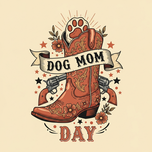 Dog Mom Day western cowboy vintage DTF heat transfer graphic, ready to press, centered vector illustration with bold outlines and high contrast colors, suitable for t-shirts, hoodies, and tote bags