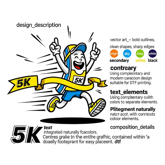 Cartoon mascot ready to press DTF heat transfer graphic for a 5K race theme, featuring bold vector illustration with high contrast colors, centered composition, clean outlines, suitable for t-shirts hoodies and tote bags
