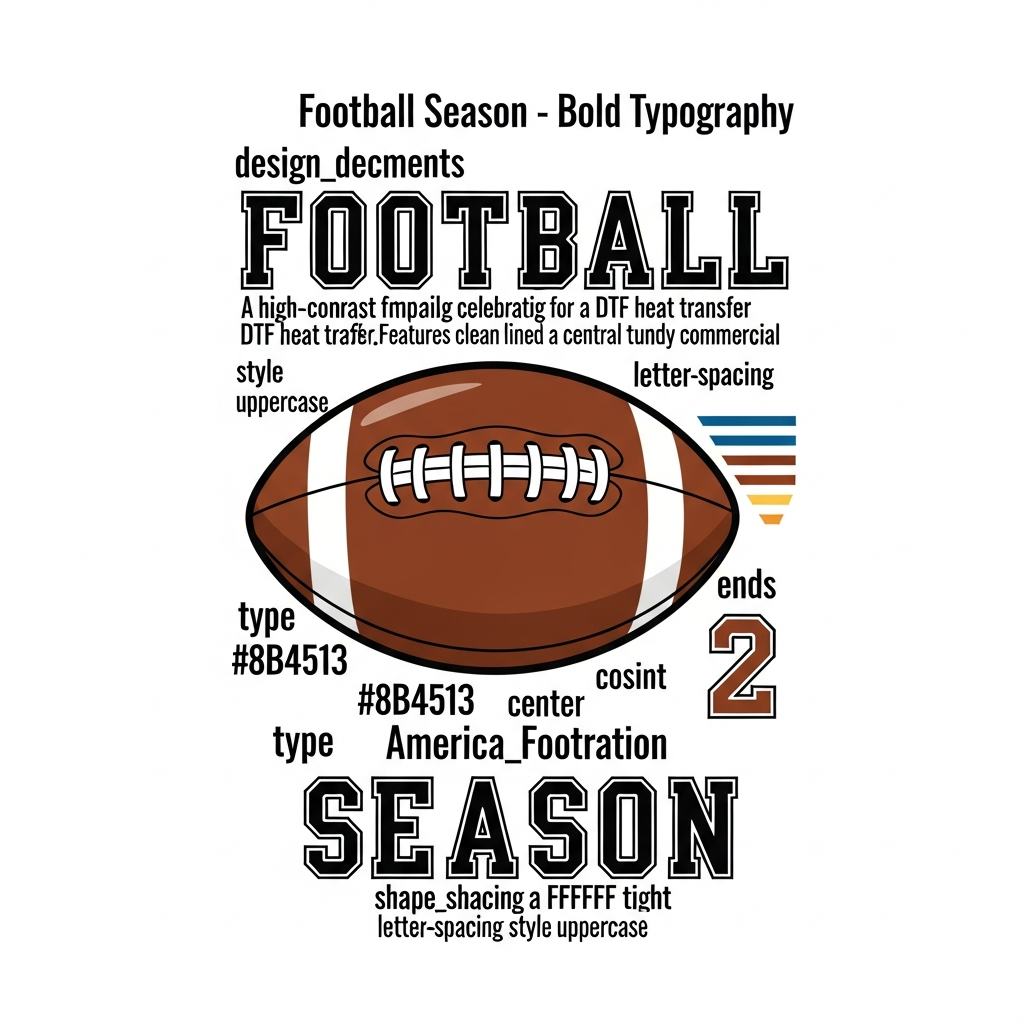 Bold typography Football Season ready-to-press DTF heat transfer graphic with high-contrast colors, designed for t-shirts, hoodies, and apparel — professional print-ready DTF transfer design
