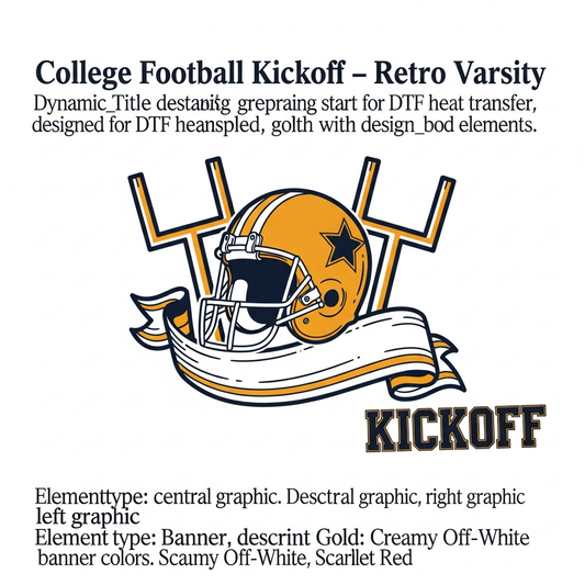 Retro varsity style college football kickoff DTF heat transfer graphic with bold vector design, high contrast colors, and clean outlines – ready to press on t-shirts and hoodies