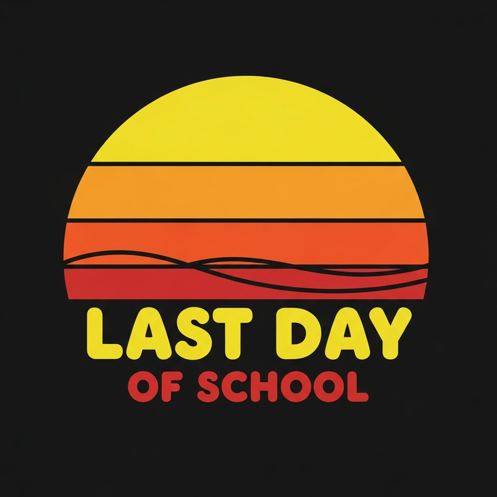 Last Day of School retro sunset stripes DTF heat transfer design with bold layered stripe artwork in vibrant warm tones, ready to press on t-shirts hoodies and tote bags