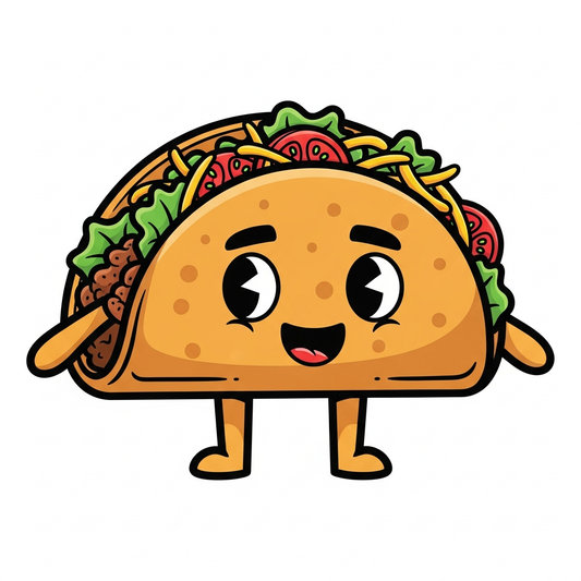 Cartoon mascot style National Taco Day DTF heat transfer design featuring a bold and colorful taco character with clean vector outlines on a transparent background, ready to press onto t-shirts and apparel