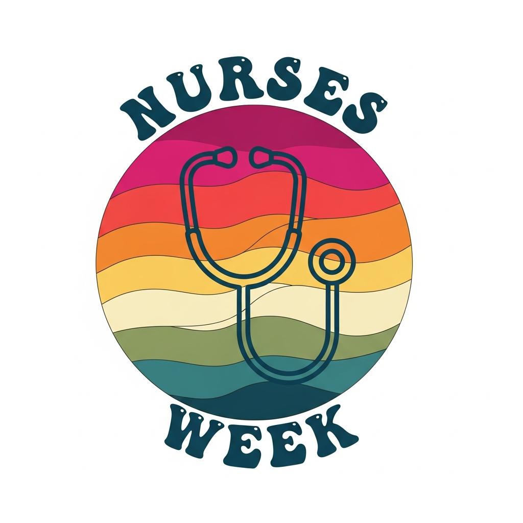 Nurses Week ready-to-press DTF heat transfer graphic featuring a retro sunset stripes design with bold warm colors and clean vector illustration, suitable for t-shirts, hoodies, and tote bags