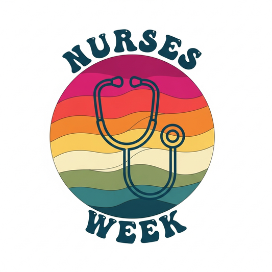 Nurses Week ready-to-press DTF heat transfer graphic featuring a retro sunset stripes design with bold warm colors and clean vector illustration, suitable for t-shirts, hoodies, and tote bags