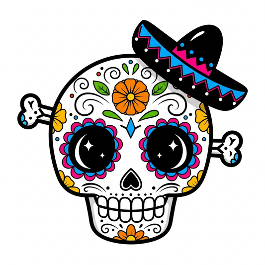 Dia de los Muertos cartoon mascot DTF heat transfer design featuring a vibrant sugar skull character in high-contrast cartoon style, ready to press on t-shirts and apparel
