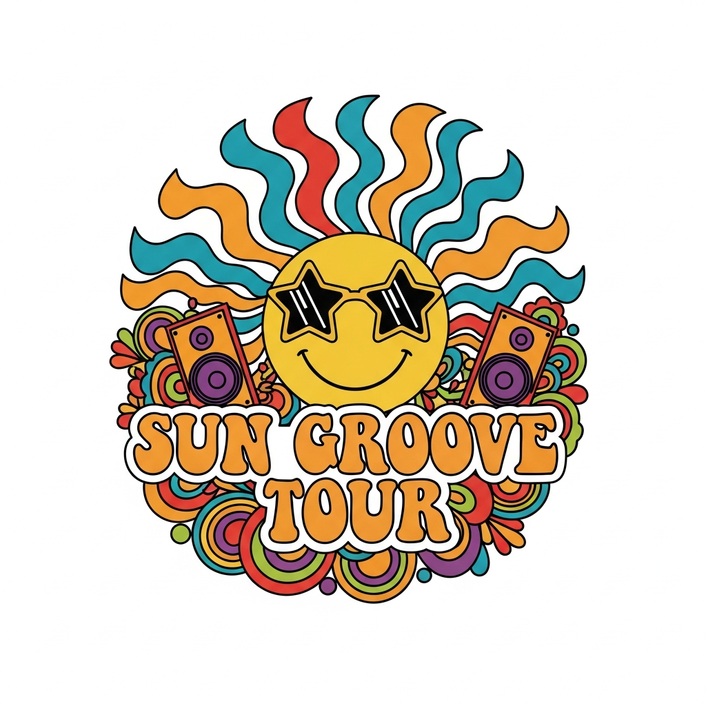Groovy 70s retro concert tour DTF heat transfer graphic featuring bold vector illustration with high-contrast retro colors, ready to press onto t-shirts, hoodies, and apparel