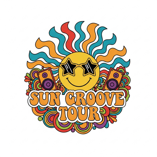 Groovy 70s retro concert tour DTF heat transfer graphic featuring bold vector illustration with high-contrast retro colors, ready to press onto t-shirts, hoodies, and apparel