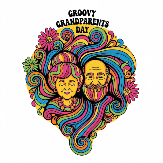 Psychedelic 60s style Grandparents Day ready to press DTF heat transfer graphic with bold retro swirls and high contrast colors, suitable for t-shirts hoodies and tote bags