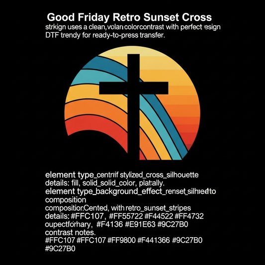 Good Friday ready to press DTF heat transfer graphic featuring a retro sunset stripes design with bold high-contrast colors and vector style illustration, suitable for t-shirts hoodies and tote bags