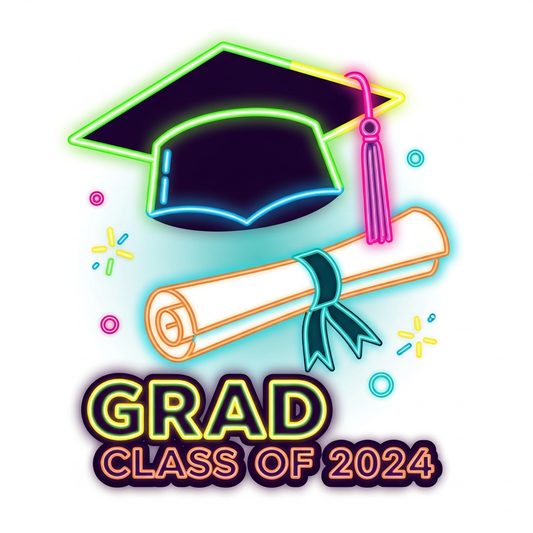 Kindergarten graduation neon glow style ready to press DTF heat transfer graphic with vibrant electric colors and clean vector outlines on a transparent background