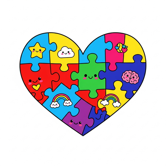 Playful kawaii-style World Autism Awareness Day DTF heat transfer graphic with vibrant high-contrast colors and cute vector illustration, ready to press onto t-shirts and apparel