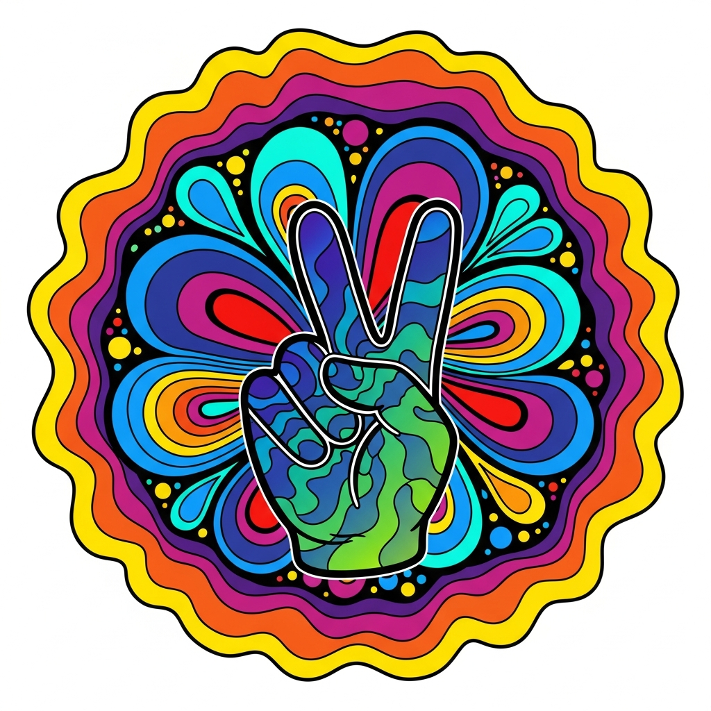 Psychedelic 60s style fundraiser event ready to press DTF heat transfer graphic with bold swirls and high contrast colors, suitable for t-shirts hoodies and tote bags