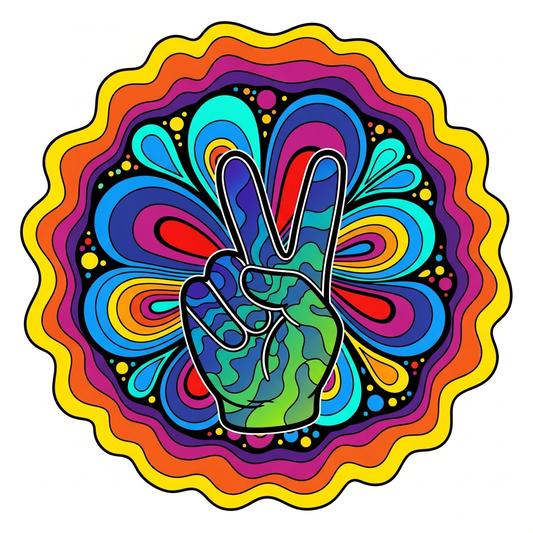 Psychedelic 60s style fundraiser event ready to press DTF heat transfer graphic with bold swirls and high contrast colors, suitable for t-shirts hoodies and tote bags